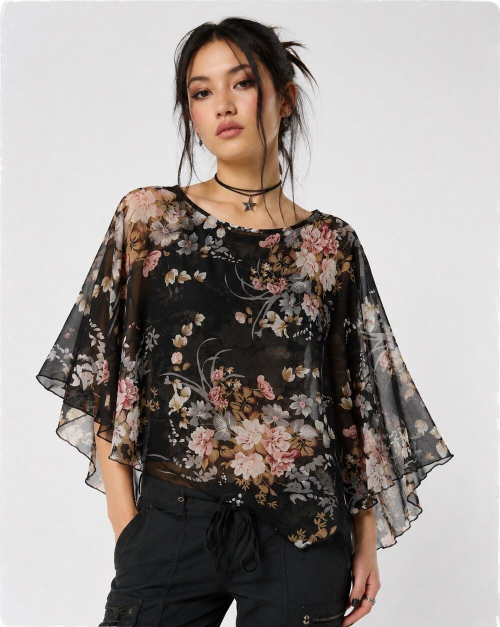 Fairy Grunge Sheer Dark Floral Cape Top Boho Chiffon Poncho One Size Whimsigoth